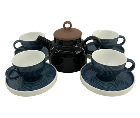 CULINARO HELLA STEEL BLUE Set serviciu ceai, ceainic 820ml, 4 cesti 200ml cu farfurioare culoare albastra