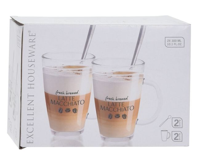 Set Latte Machiatto Excellent Houseware, sticla termorezistenta/otel inoxidabil, 7.8x12 cm, 300 ml, transparent/argintiu