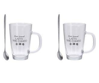 Set Latte Machiatto Excellent Houseware, sticla termorezistenta/otel inoxidabil, 7.8x12 cm, 300 ml, transparent/argintiu