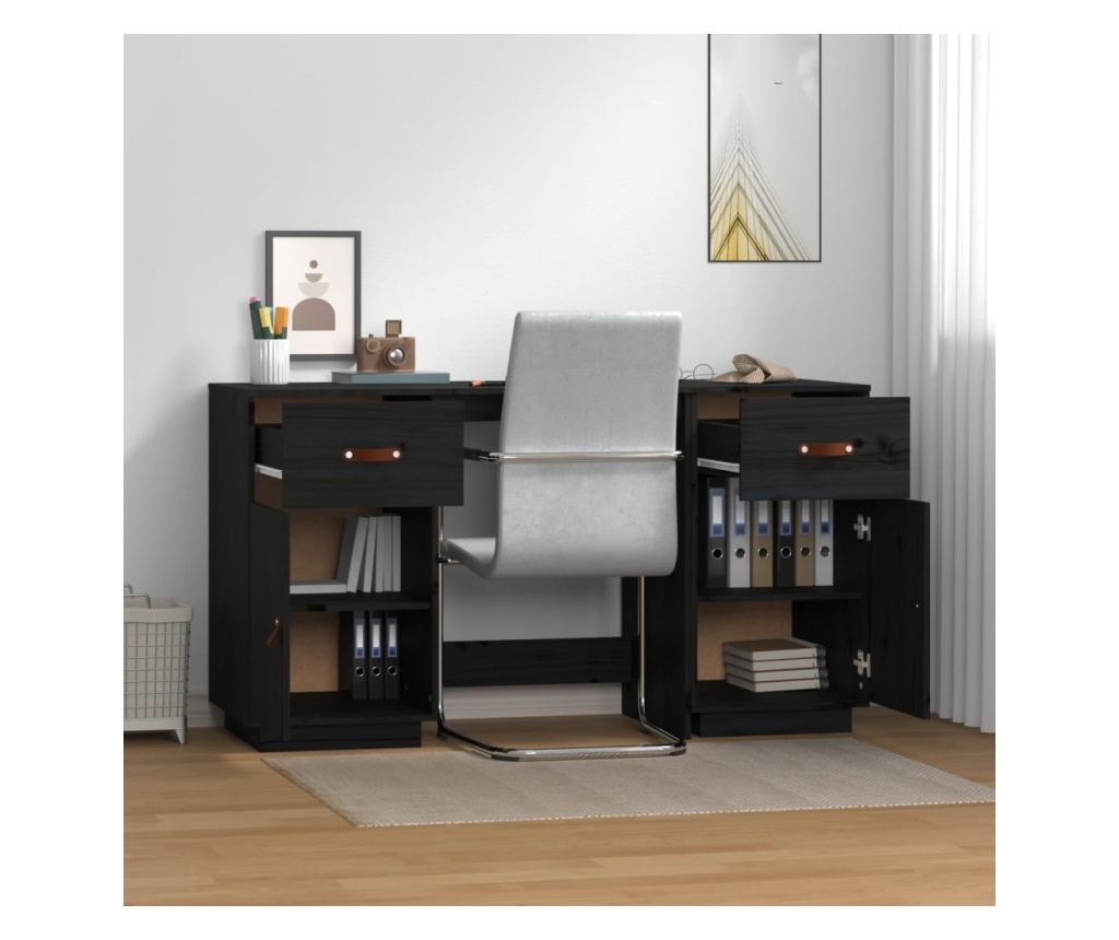 Pisarna s omaricami, črna, 135x50x75 cm, masivno borovo les. - 3