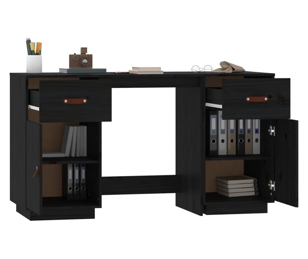 Pisarna s omaricami, črna, 135x50x75 cm, masivno borovo les. - 5