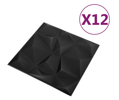 Panouri de perete 3D, 12 buc., 50x50 cm, negru diamant, 3 m²
