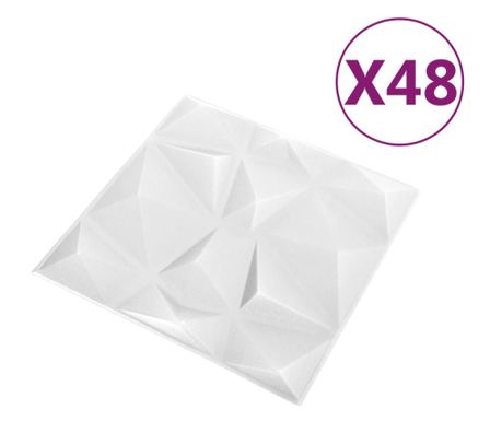3D стенни панели, 48 бр, 50x50 см, диамантено бяло, 12 м²