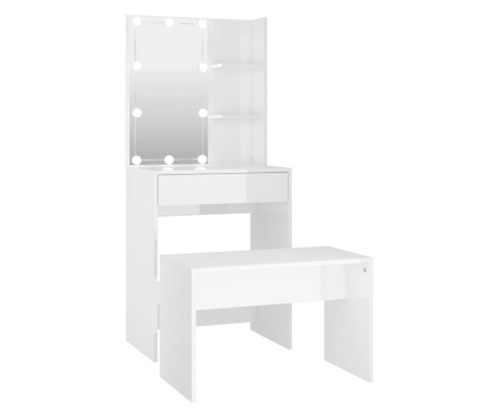 magasfényű fehér szerelt fa fésülködőasztal-szett LED-ekkel