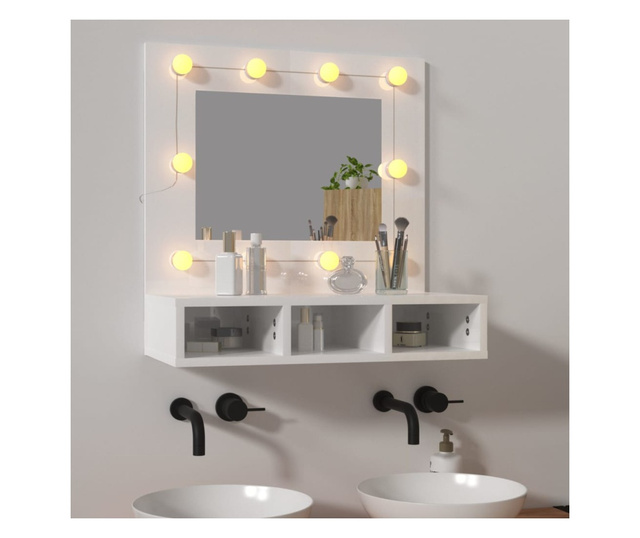 Dulap cu oglinda si LED, alb extralucios, 60x31,5x62 cm