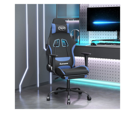 Scaun de gaming cu suport picioare, negru și albastru, textil