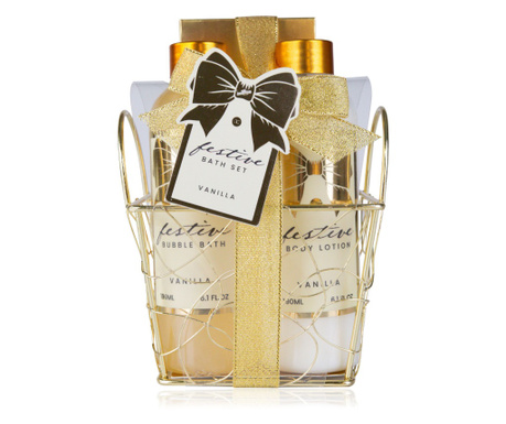 Set Cadou Festive cu 3 produse aroma vanilie in cos dreptunghiular auriu