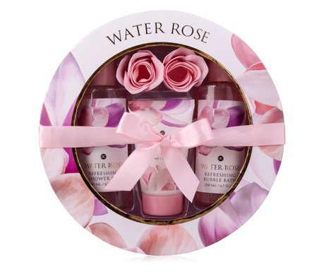 Set Cadou Water Rose cu 5 produse aroma trandafir in cutie rotunda