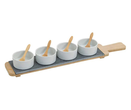 Set 4 boluri rotunde din portelan cu lingurite pe suport din bambus