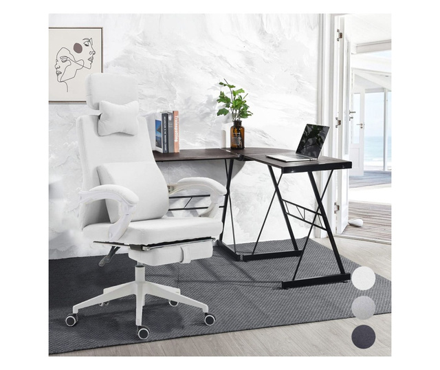 Scaun de birou rotativ cu tetiera si suport pentru picioare, Alb