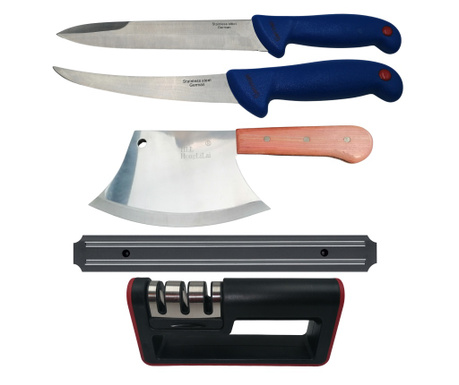Месарски комплект IdeallStore®, секач, нож, резба, точило и магнитна поставка, неръждаема стомана