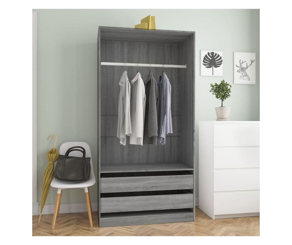Гардероб, сив сонома, 100x50x200 см, инженерно дърво - 4