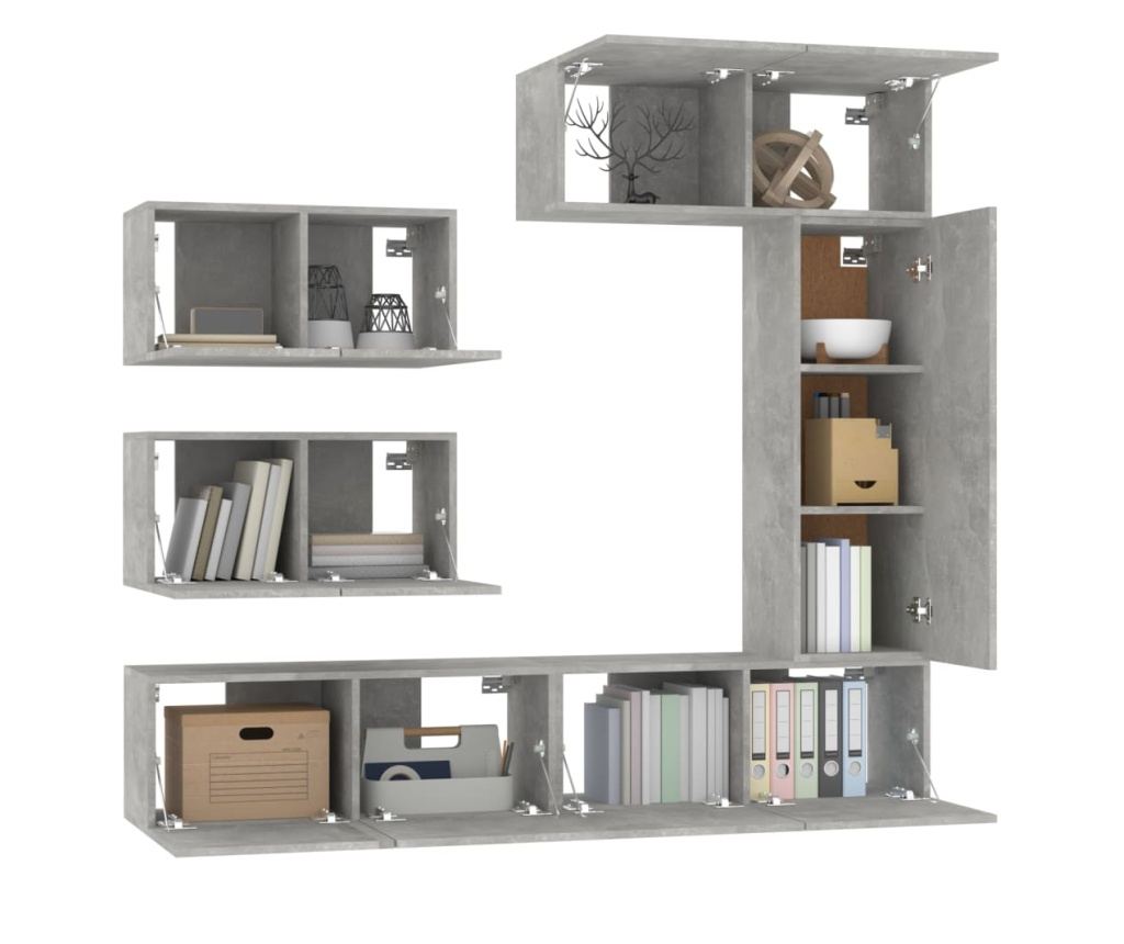 TV omarica, komplet, 6 kosov, betonsko siva, konstruiran les - 4