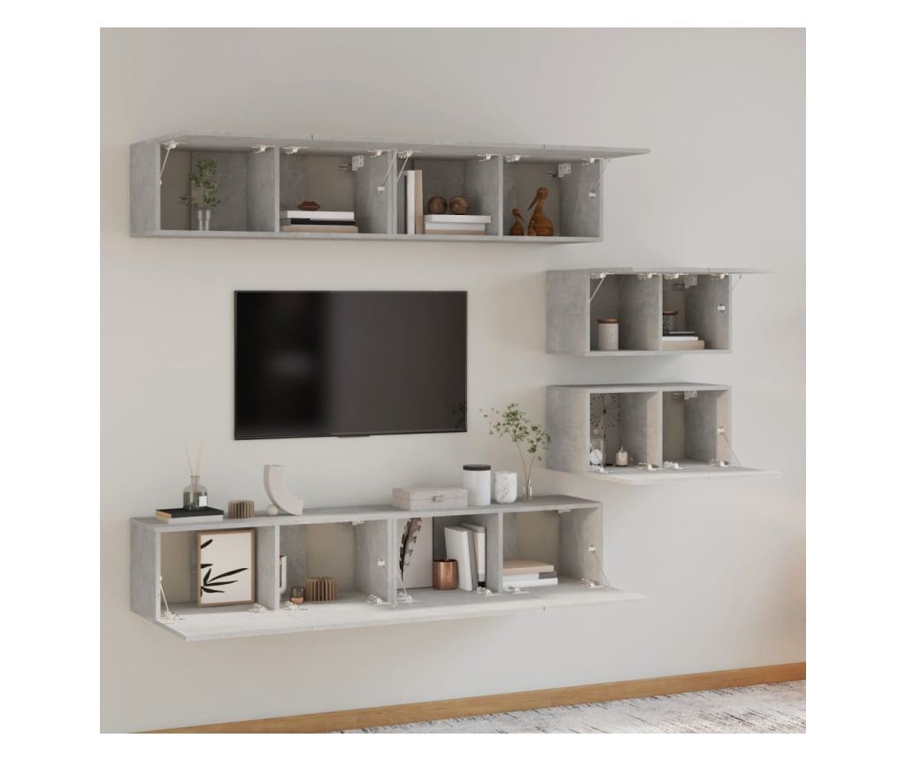 Set TV omare, 6 delov, betonsko siva, obdelano leseno - 3