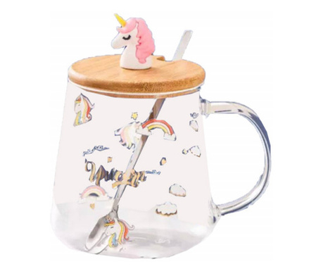 Pufo World of Unicorns стъклена чаша с бамбуков капак, за кафе или чай, 350 ml, прозрачна