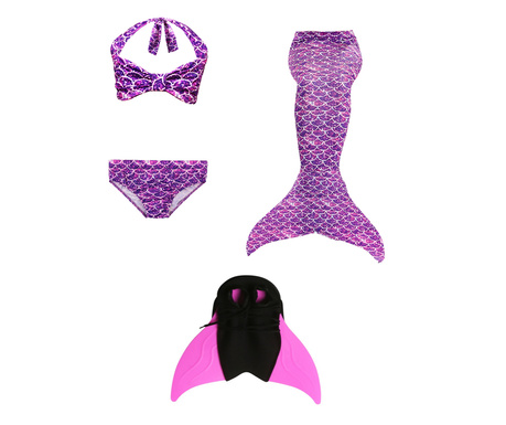 Set 4 piese Costum de baie Sirena THK®, include top, slip, coada sirena si Inotatoarea pentru fixarea cozii, culoare Mov, 150 cm