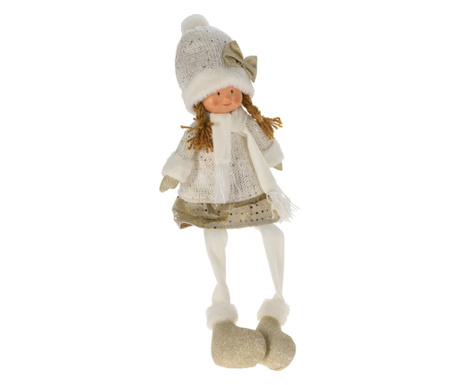 Figurina fetita/baiat, costum textil alb/auriu, sezut, 59 cm