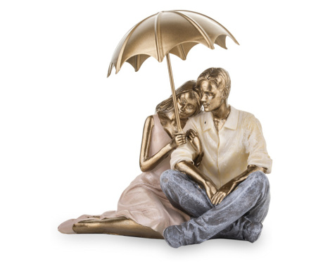 Figurina cuplu cu umbrela asezat, crem/auriu, 15x16x12 cm