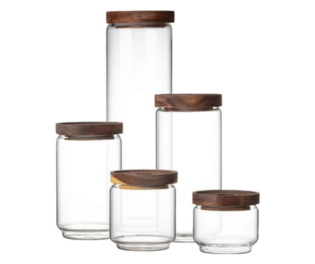 Set 5 recipiente sticla borosilicata cu capace din Lemn, Premium