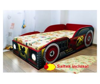 Pat masina Mickey cu lumini, cu saltea 160x80 cm inclusa