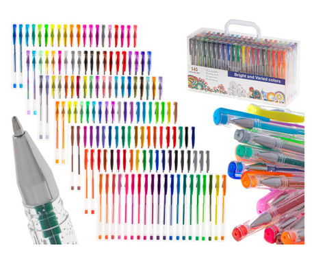Комплект от 140 части, многоцветни гел химикалки с блясък