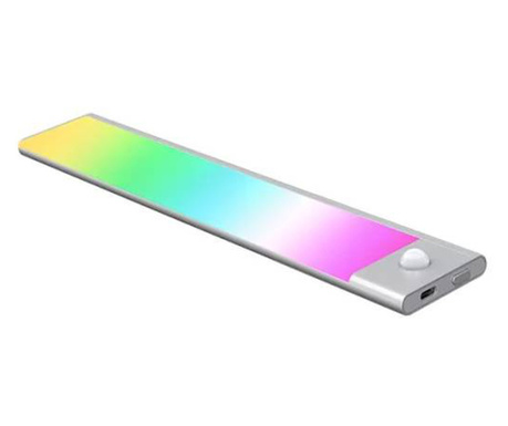 Lampa LED RGB inteligenta, cu senzor miscare, acumulator, USB-C, lumina alba si colorata, suport magnetic, portabila, ultra-subt