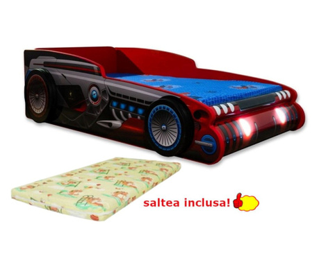 Pat masina Robocar cu lumini, cu saltea 140x70 cm inclusa