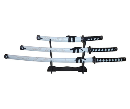 IdeallStore® dekoratív kardkészlet, fehér, fém, 83 cm, állvány mellékelve