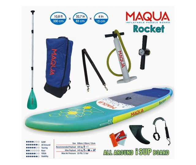 Set placa Paddelboard SUP, surf gonflabila Rocket, 330 cm x 83cm x 15cm MAQUA