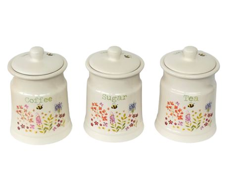 Set 3 recipiente Cooksmart England, Bee Happy, Pentru cafea, zahar si ceai, Ceramica, 11x17 cm, Bej lucios/Multicolor