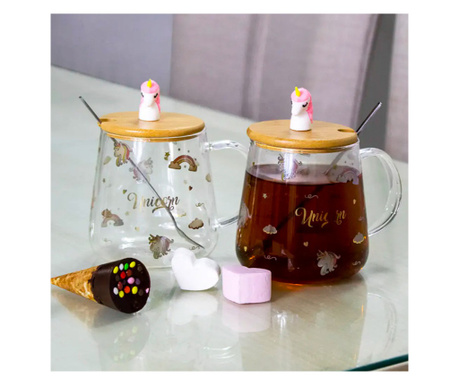 Стъклена чаша Pufo World of Unicorns с бамбуков капак, за кафе или чай, 350 мл, прозрачна