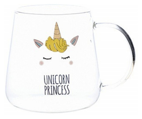 Стъклена чаша Pufo Unicorn Princess с бамбуков капак, за кафе или чай, 350 ml, прозрачна