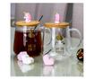 Cana din sticla cu capac din bambus Pufo Unicorn Princess, pentru cafea sau ceai, 350 ml, transparent