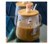 Cana din sticla cu capac din bambus Pufo Sweet Unicorn, pentru cafea sau ceai, 350 ml, transparent