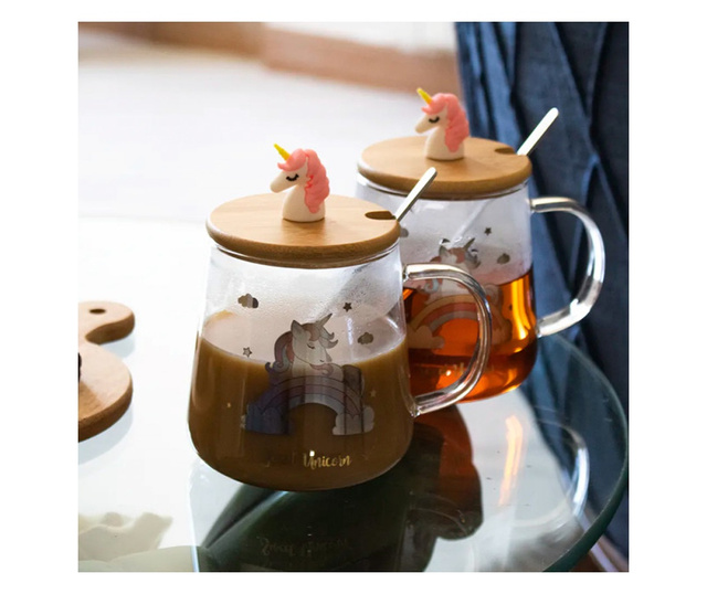 Cana din sticla cu capac din bambus Pufo Sweet Unicorn, pentru cafea sau ceai, 350 ml, transparent