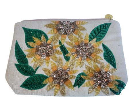 Geanta clutch , Handmade, Plic, Pentru femei, Brodat manual cu margele si paiete, Floarea Soarelui, 19x28 cm, Bej/Galben