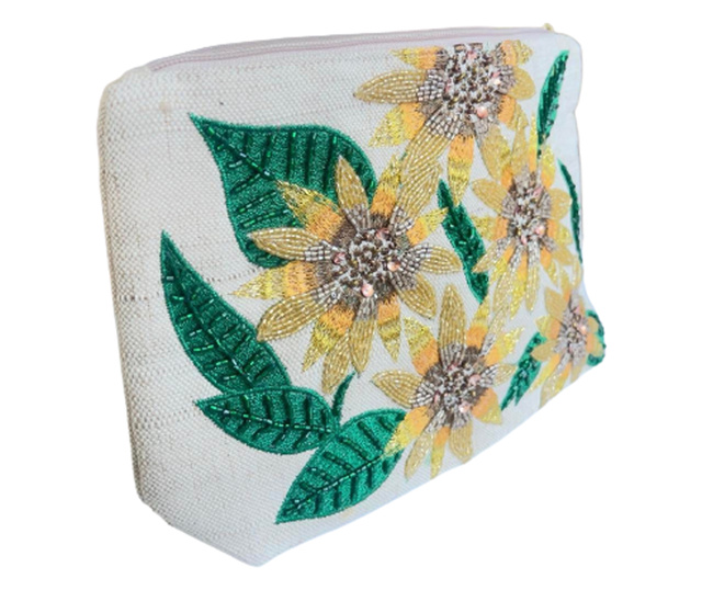 Geanta clutch , Handmade, Plic, Pentru femei, Brodat manual cu margele si paiete, Floarea Soarelui, 19x28 cm, Bej/Galben