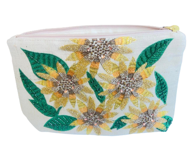 Geanta clutch , Handmade, Plic, Pentru femei, Brodat manual cu margele si paiete, Floarea Soarelui, 19x28 cm, Bej/Galben