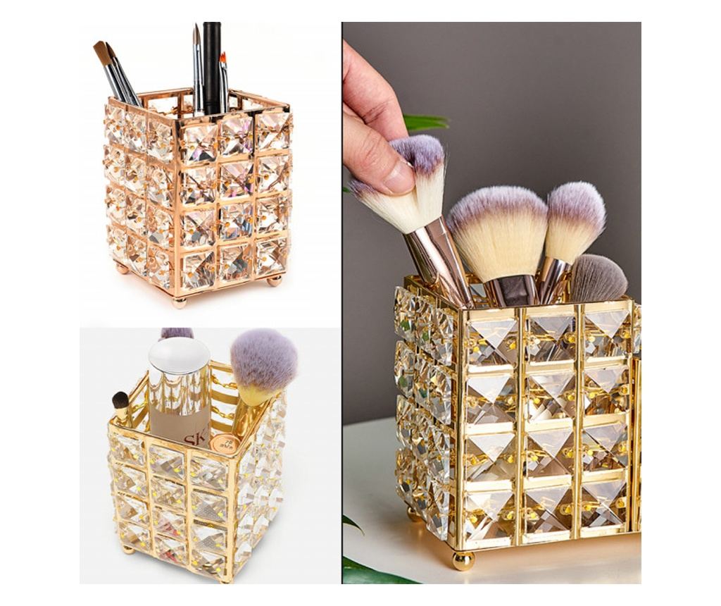 Pufo Glam елегантен органайзер поставка за четки за грим, червила, бижута, металик, 12 см, златен - 3