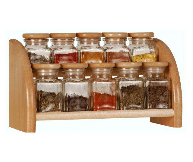 Set recipiente depozitare condimente pe suport din lemn, 10 piese, PRACTIC President Line