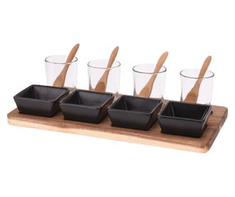 Set servire tapas Excellent Houseware, acacia/portelan, 30x15x1.5 cm, maro/negru