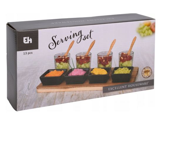 Set servire tapas Excellent Houseware, acacia/portelan, 30x15x1.5 cm, maro/negru