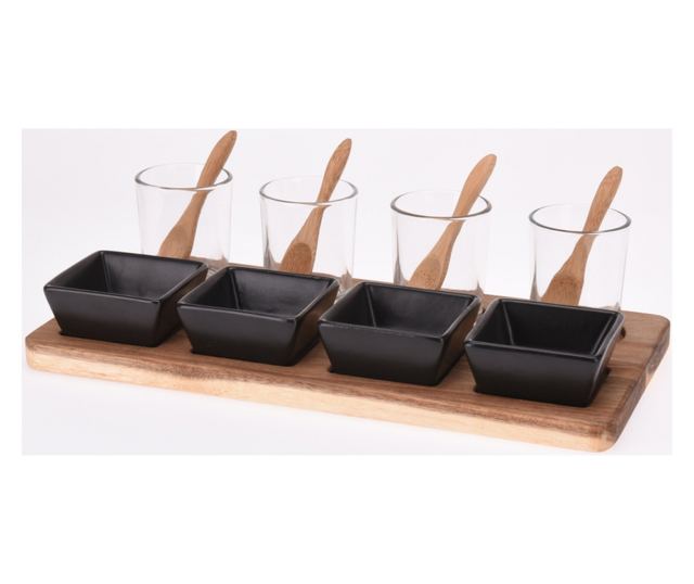 Set servire tapas Excellent Houseware, acacia/portelan, 30x15x1.5 cm, maro/negru