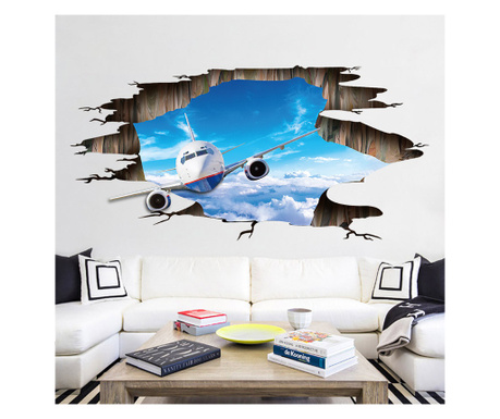 Sticker decorativ 3D, Gaura in perete, avion pe cer  115 cm, 1270ST