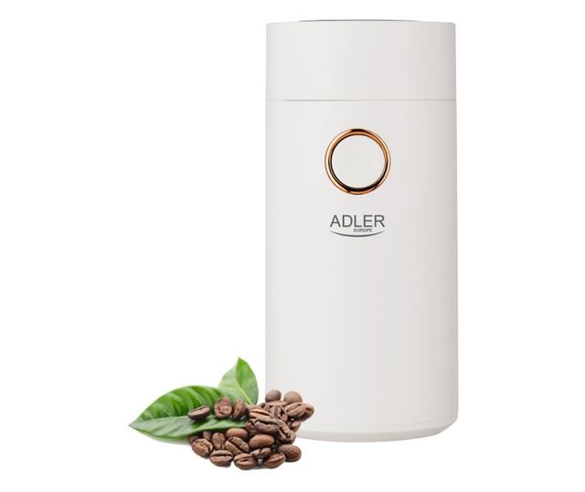Кафемелачка Adler AD 4446WG, 150W, Прозрачен капак, Защита, 75 гр, Бял/златист
