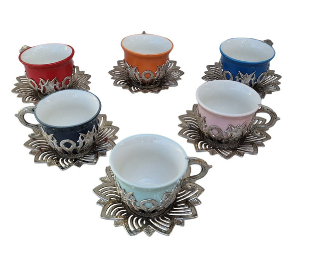 Set 6 cesti pentru cafea turceasca diverse culori cu farfurioara, 80 ml x 6, Ø6.5xh5.5 cm / Ø10xh1.5 cm, EHA
