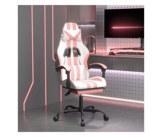 Herní židle s podnožkou, bílá/růžová, ekokůže