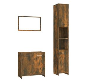 Set mobilier de baie, 3 piese, stejar fumuriu, lemn prelucrat