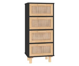 fekete tömör fenyő/természetes rattan tálalószekrény 40x30x90cm