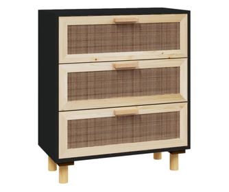 Komoda crna 60 x 30 x 70 cm masivna borovina i prirodni ratan